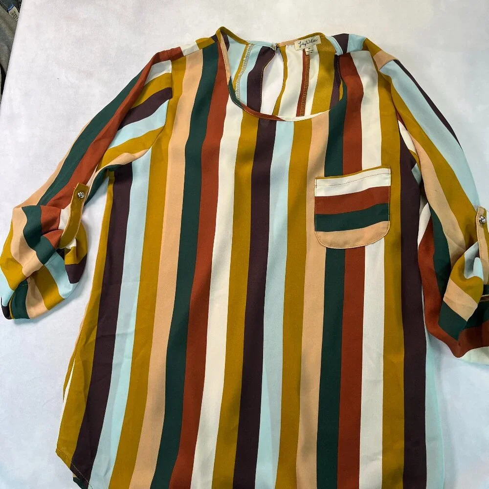 Lily White Earth Tone Vertical Striped Roll Tab Blouse Size Medium - Picture 2 of 6